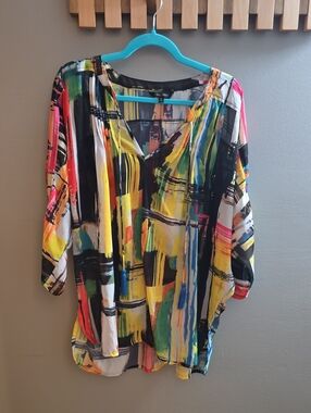 John Mark Multicolor Abstract V-Neck Tunic with Black Accents